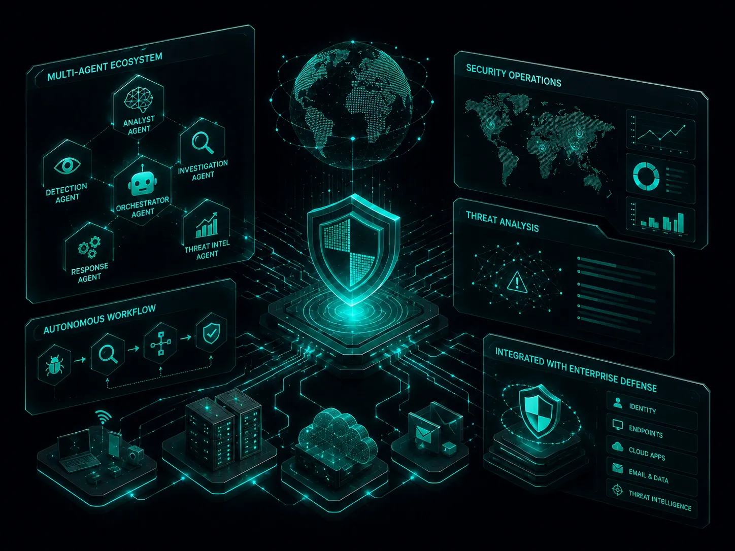 Cybersecurity operations center with AI agents, threat analysis panels, global monitoring, and enterprise defense network.