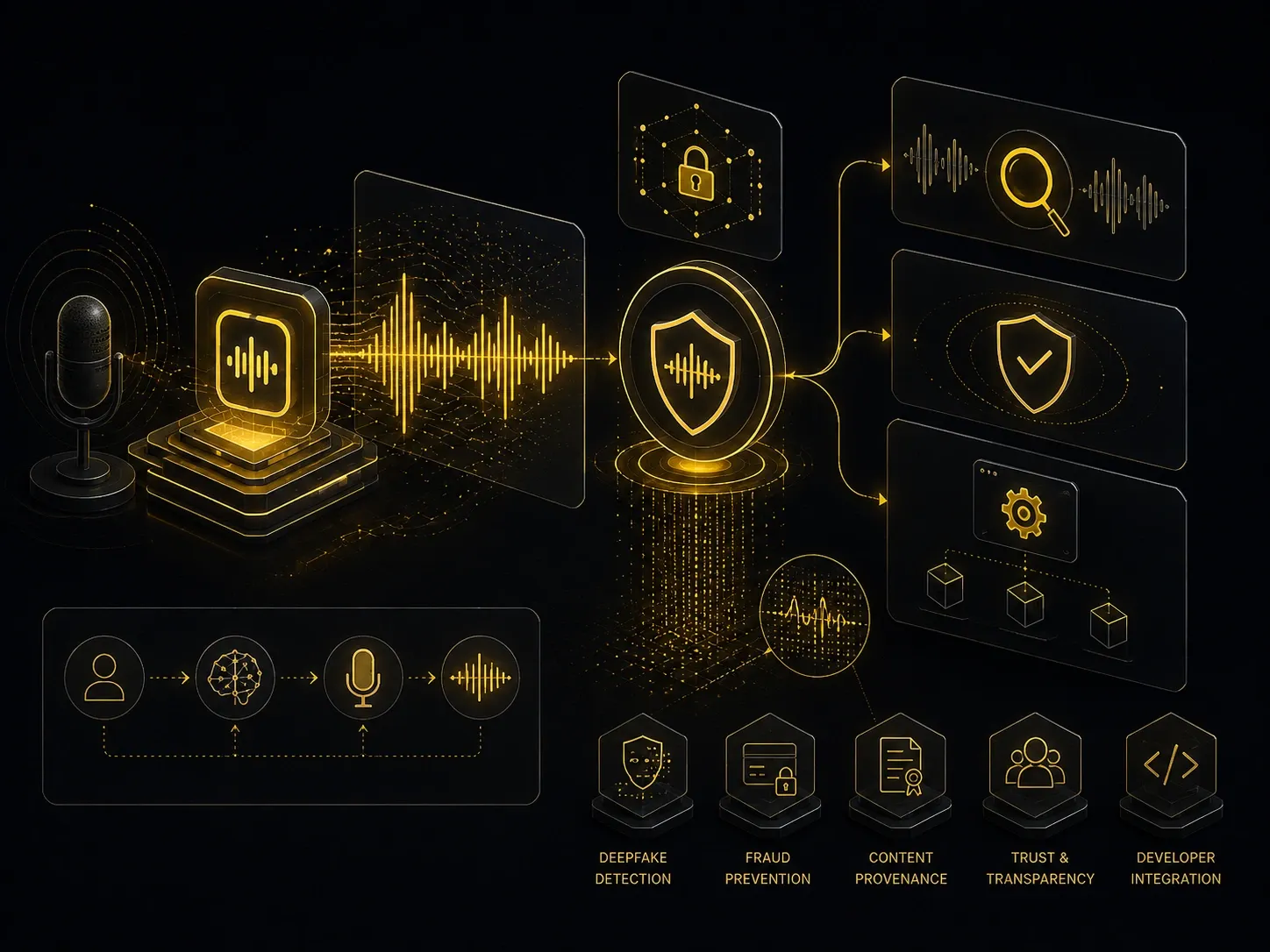 Minimalist AI audio verification workflow showing waveform protection, provenance checking, and fraud prevention.