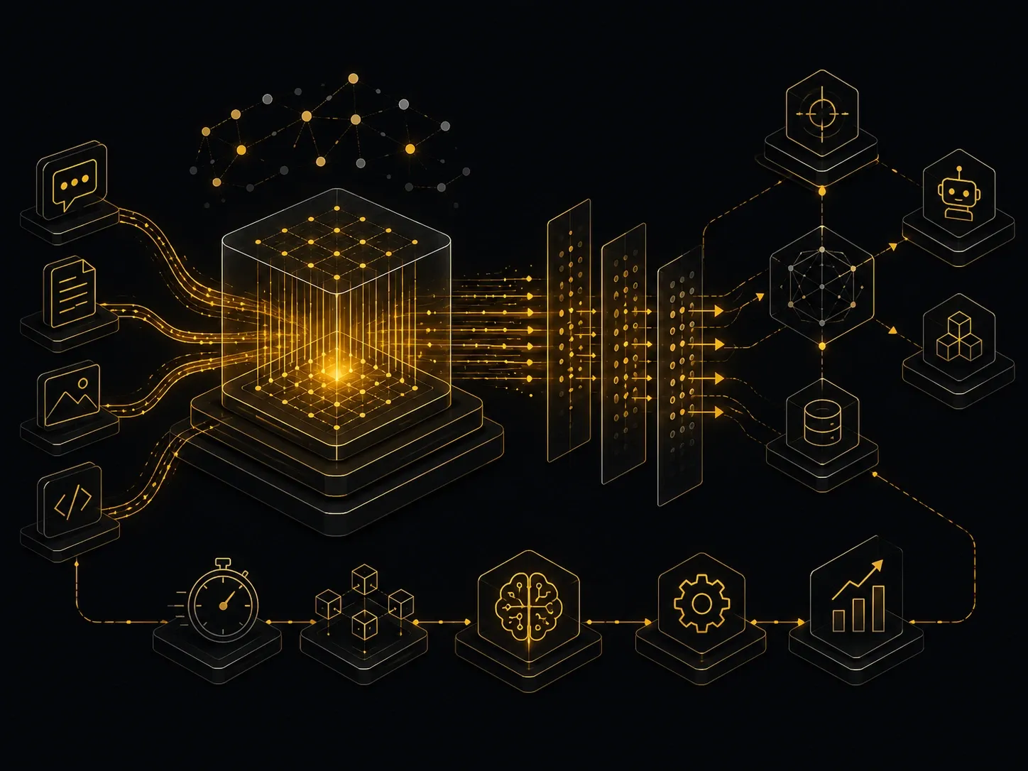 Isometric AI workflow illustrating parallel processing, agent orchestration, and high-speed inference through connected modules.