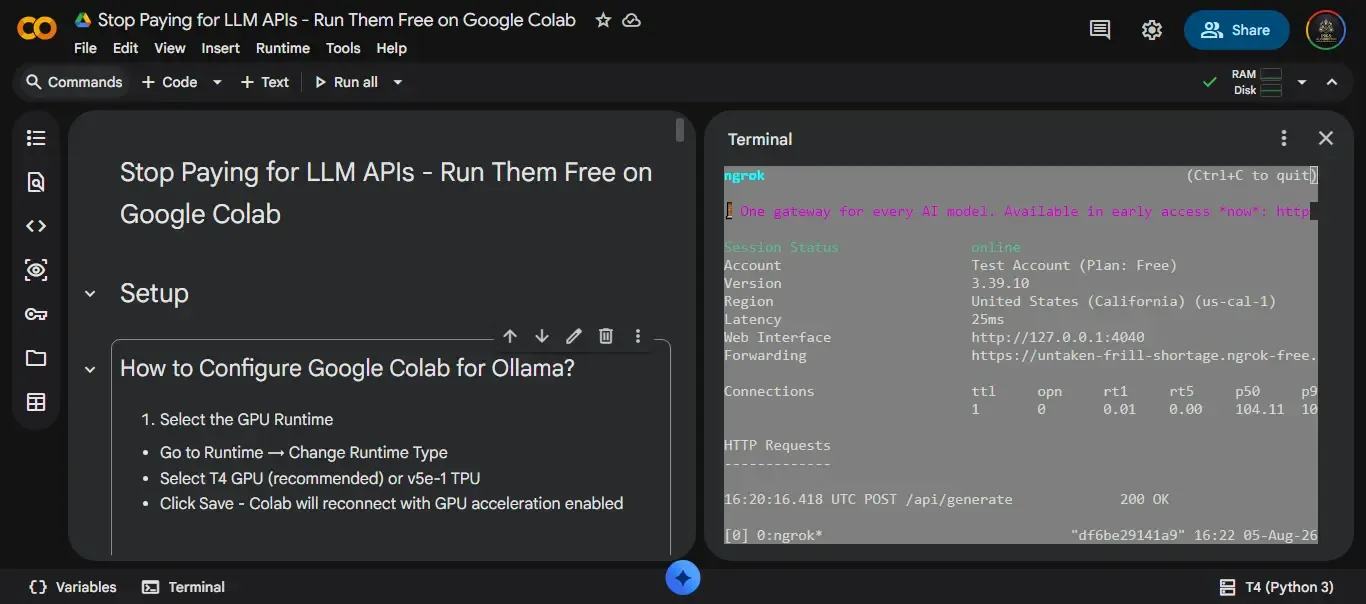 Hero overview of the completed Colab notebook with Ollama running and Ngrok tunnel active