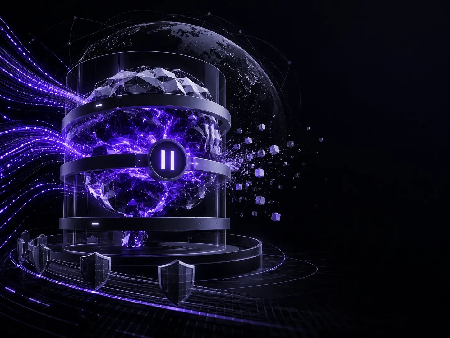 AI data streams colliding with a cybersecurity barrier representing a paused AI model