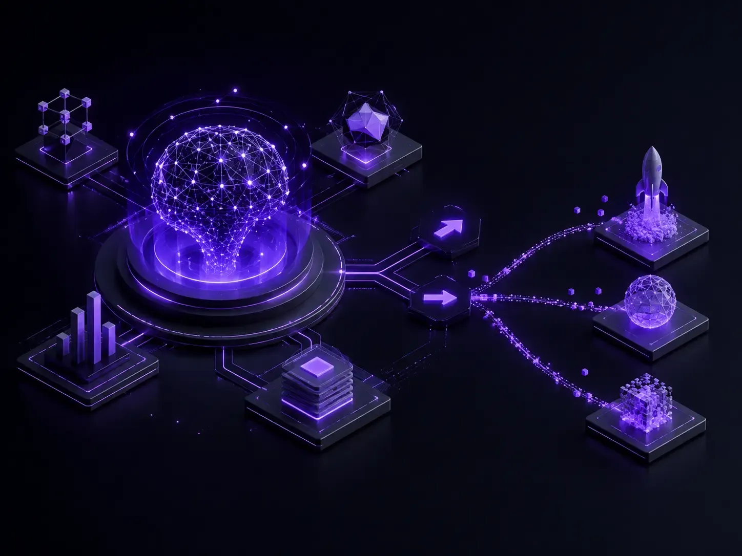 Isometric AI network hub representing Google DeepMind leadership and strategy changes