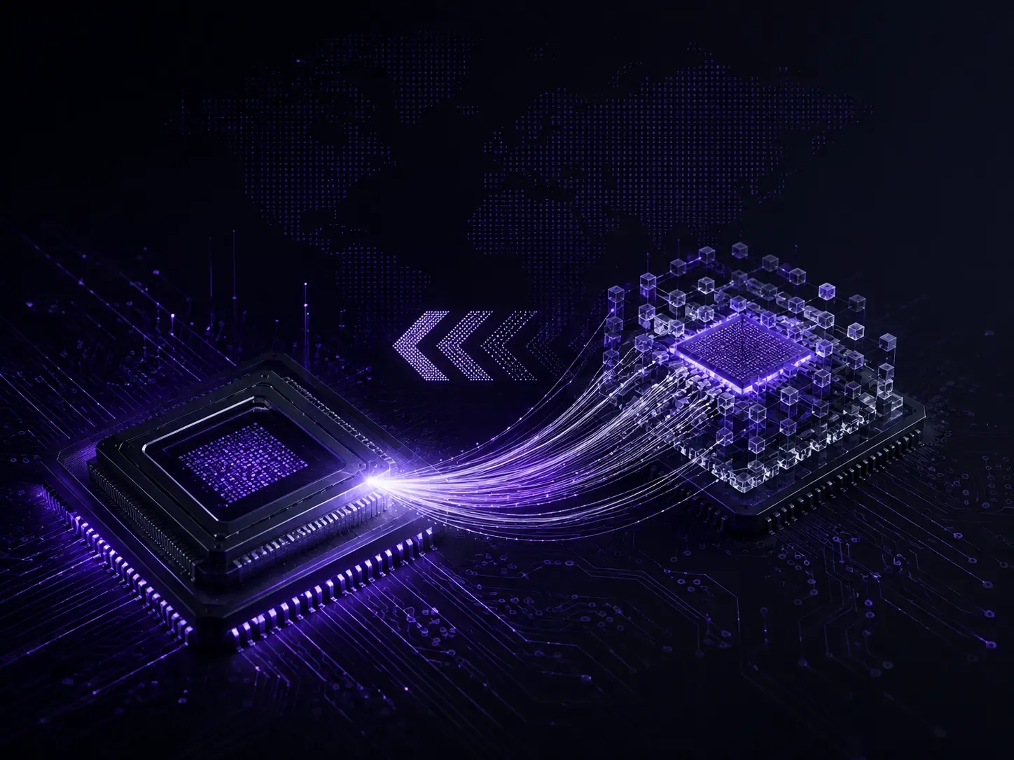 Advanced AI chips connected by data streams representing custom inference silicon
