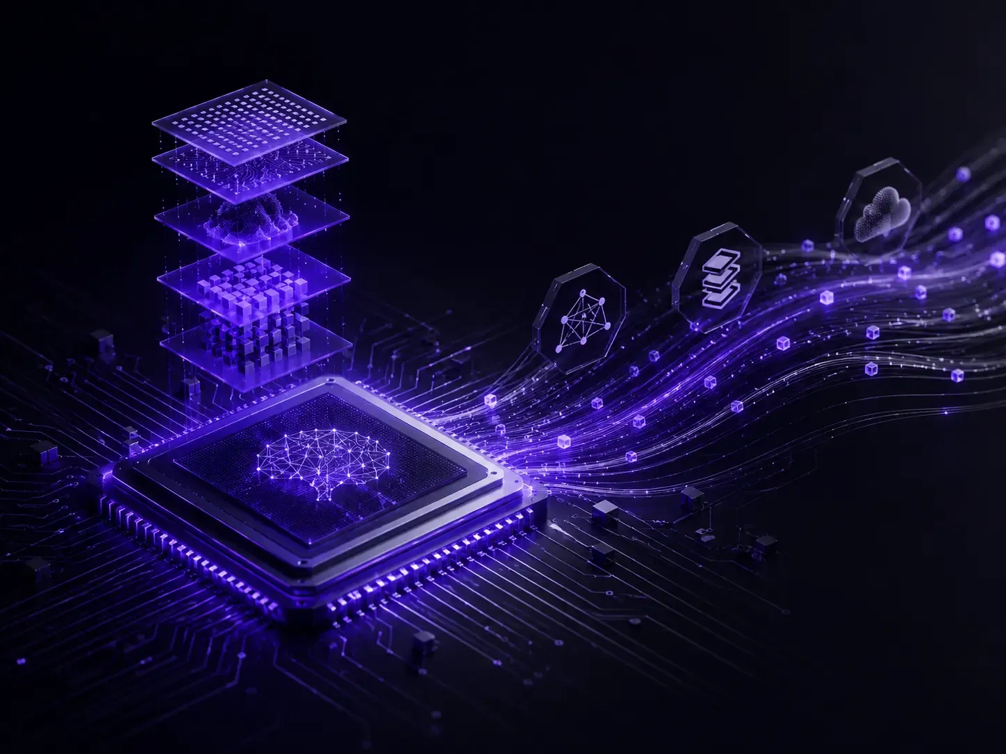 AI processor with neural networks and circuit pathways representing custom AI silicon