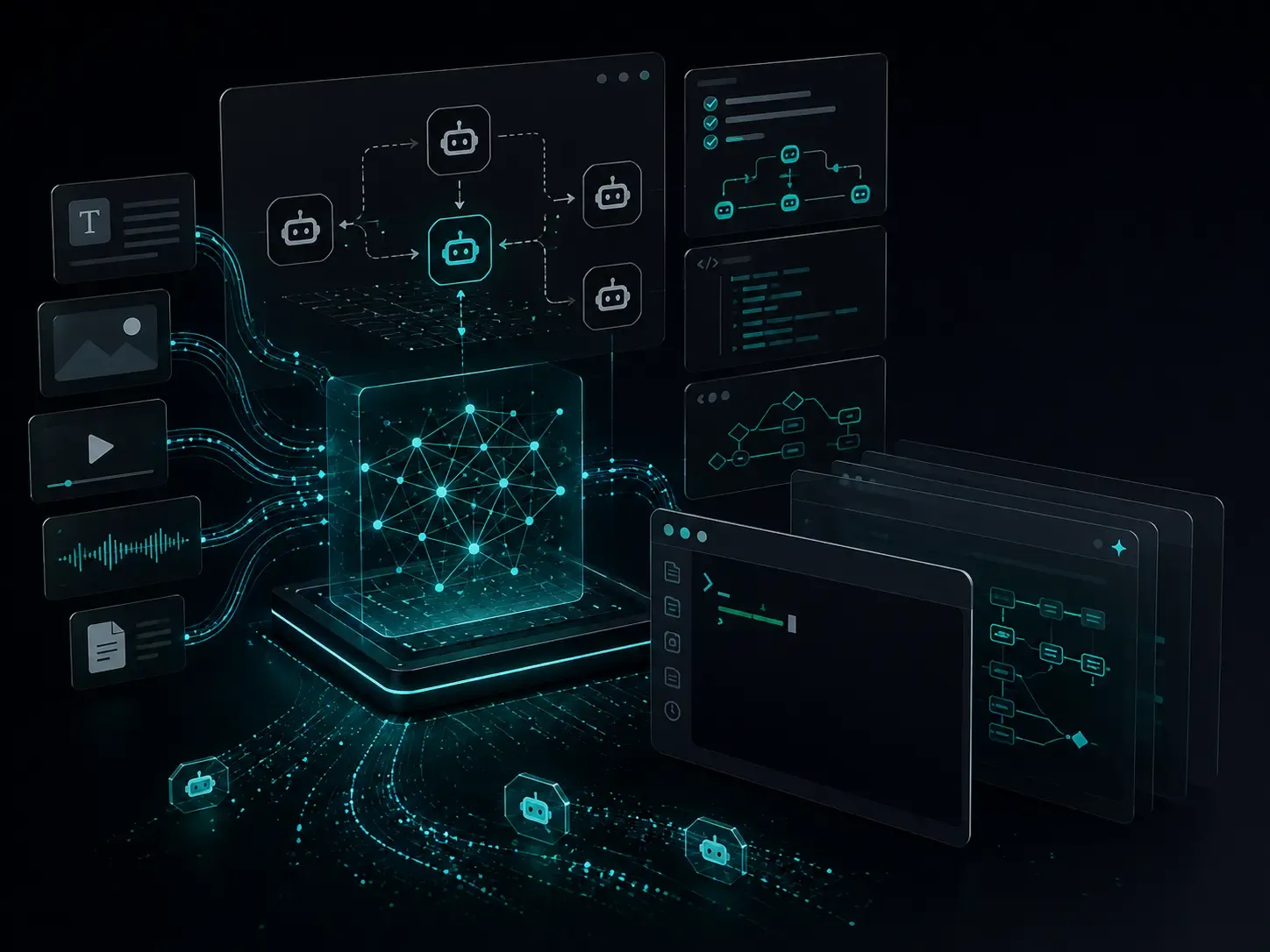 AI agent network with multimodal data panels representing complex agentic workflows