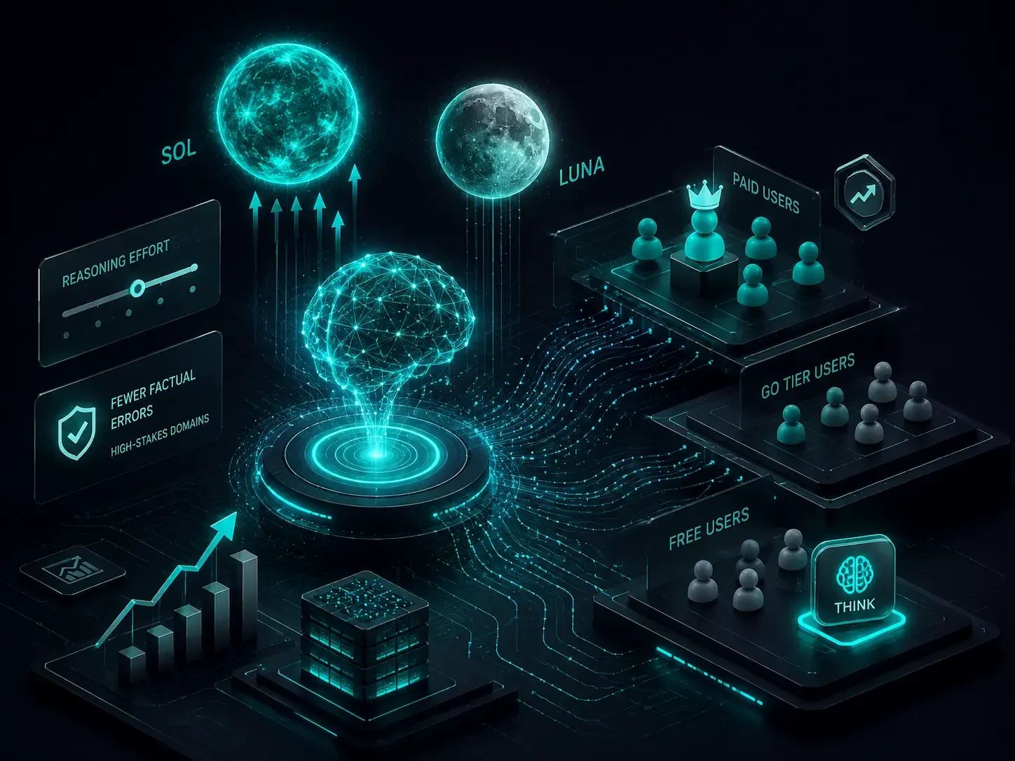 Isometric AI workspace representing expanded model access and improved reasoning capabilities