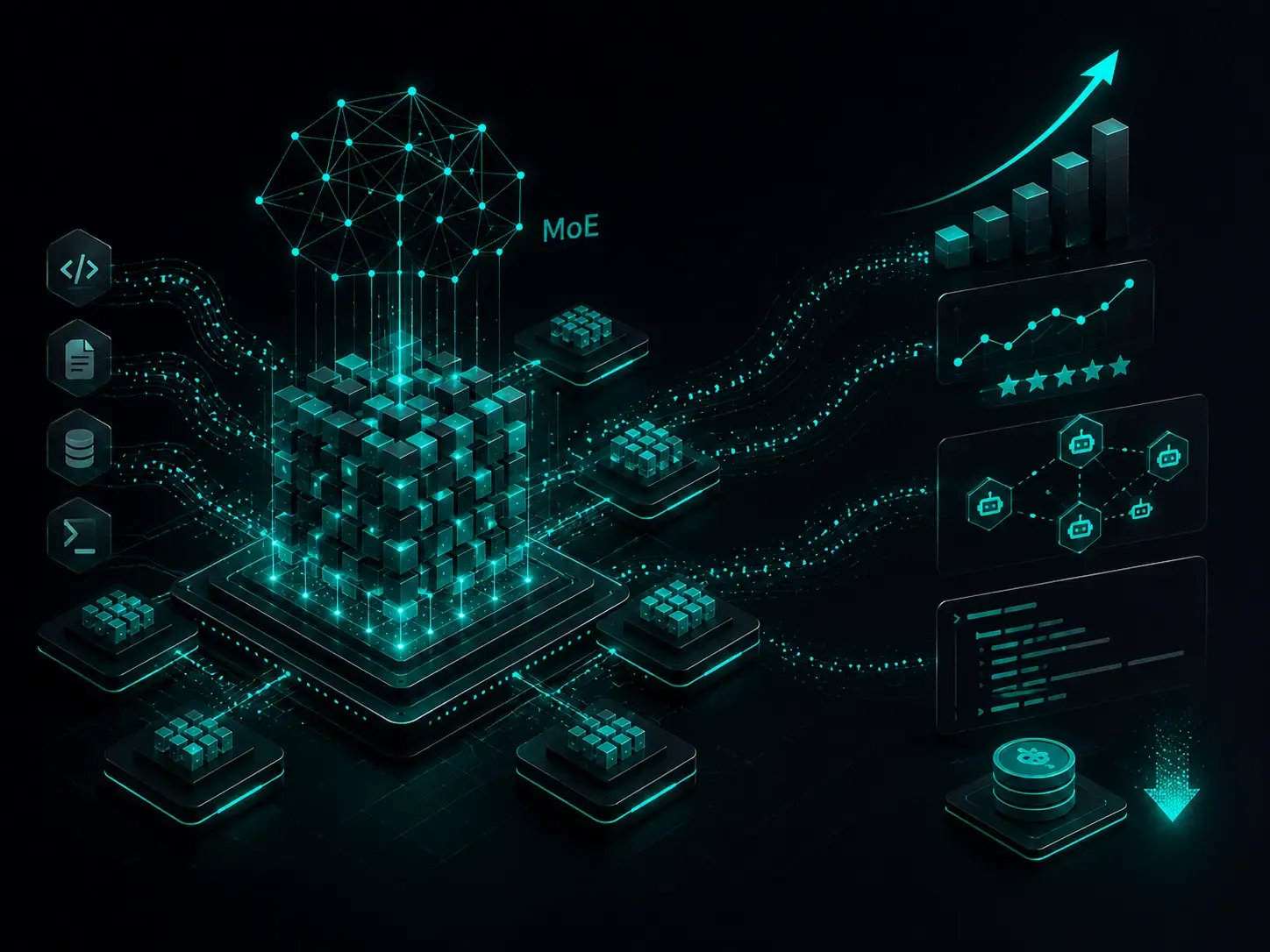 AI computing architecture with data streams representing efficient low-cost inference