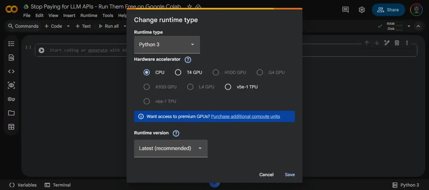 Google Colab runtime selection dialog showing T4 GPU option