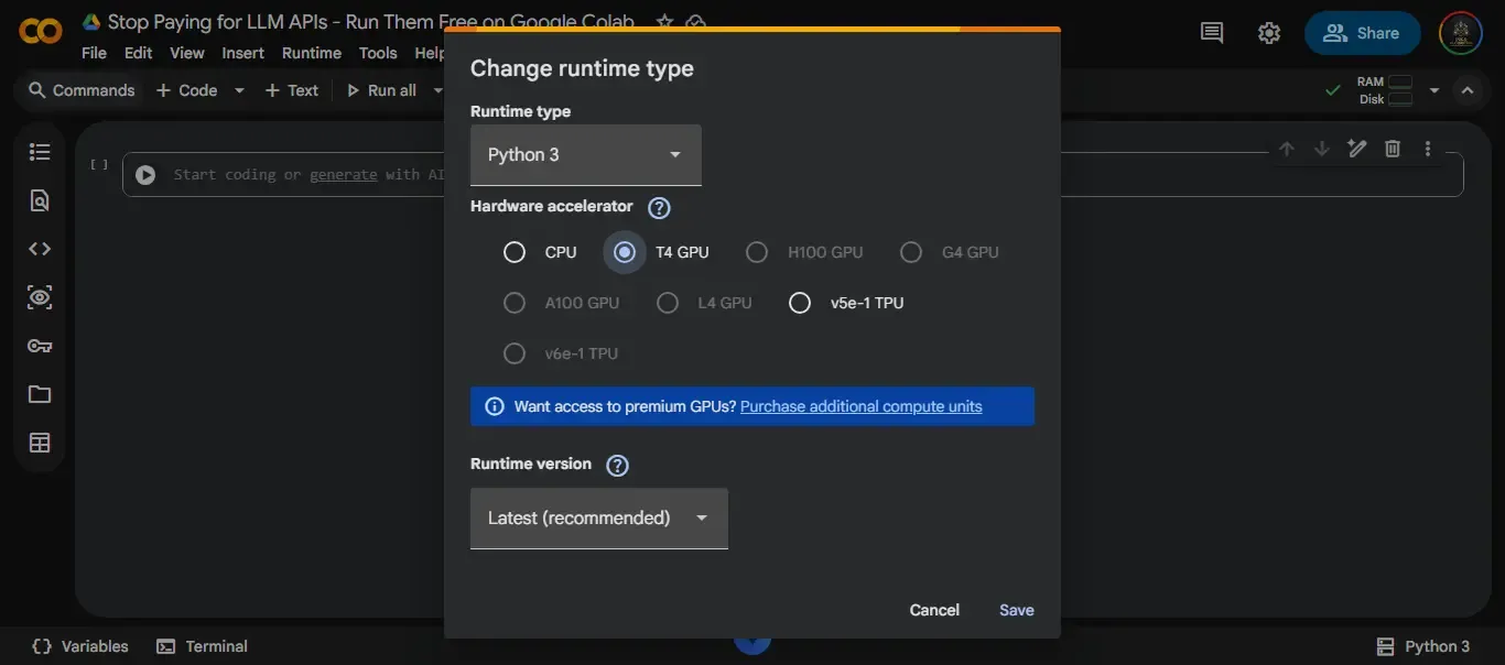 Colab Runtime menu with T4 GPU selected and confirmed