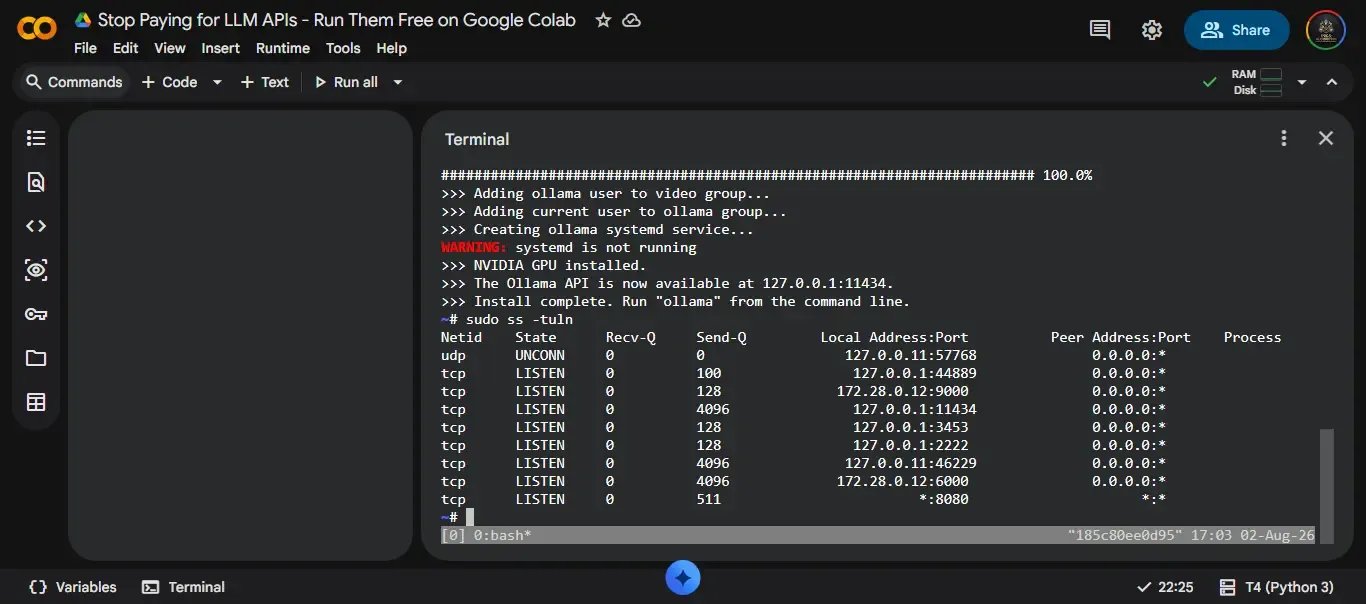 Terminal output showing Ollama install complete and sudo ss -tuln with port 11434 active
