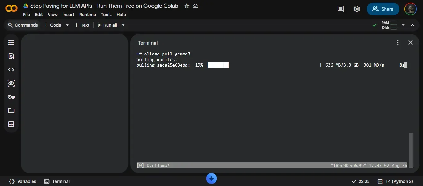 Terminal output showing ollama pull gemma3 progress bar with download speed and file size