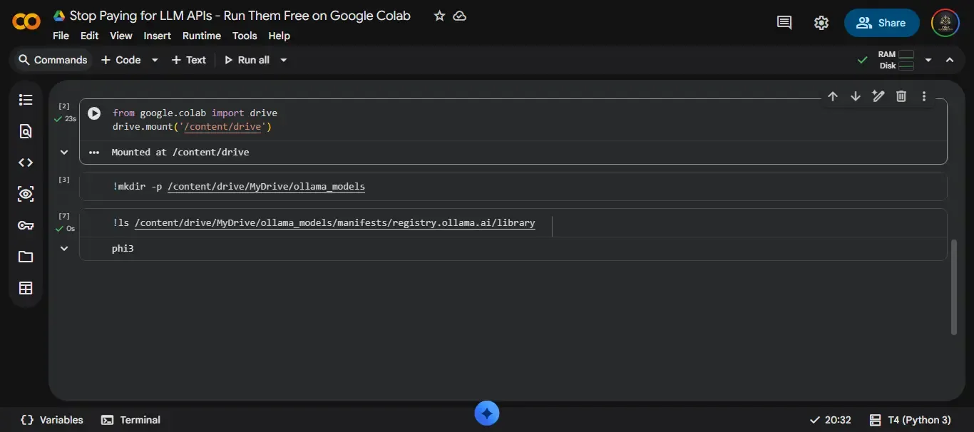Colab cell output showing ls /content/drive/MyDrive/ollama_models/ with manifests and blobs directories present