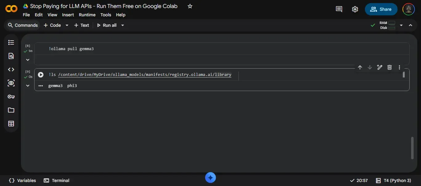 Second Colab session showing ollama list with model available immediately after running the startup cell, without any pull command