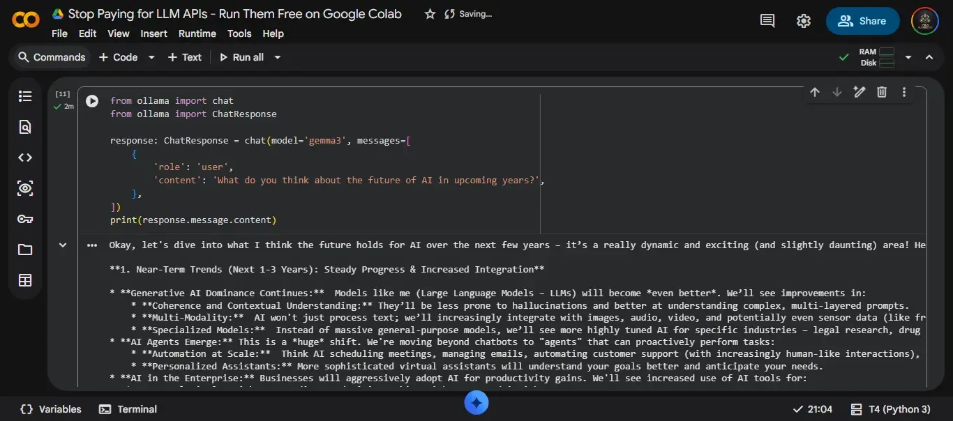 Colab cell showing chat() call and Ollama SDK response text printed below