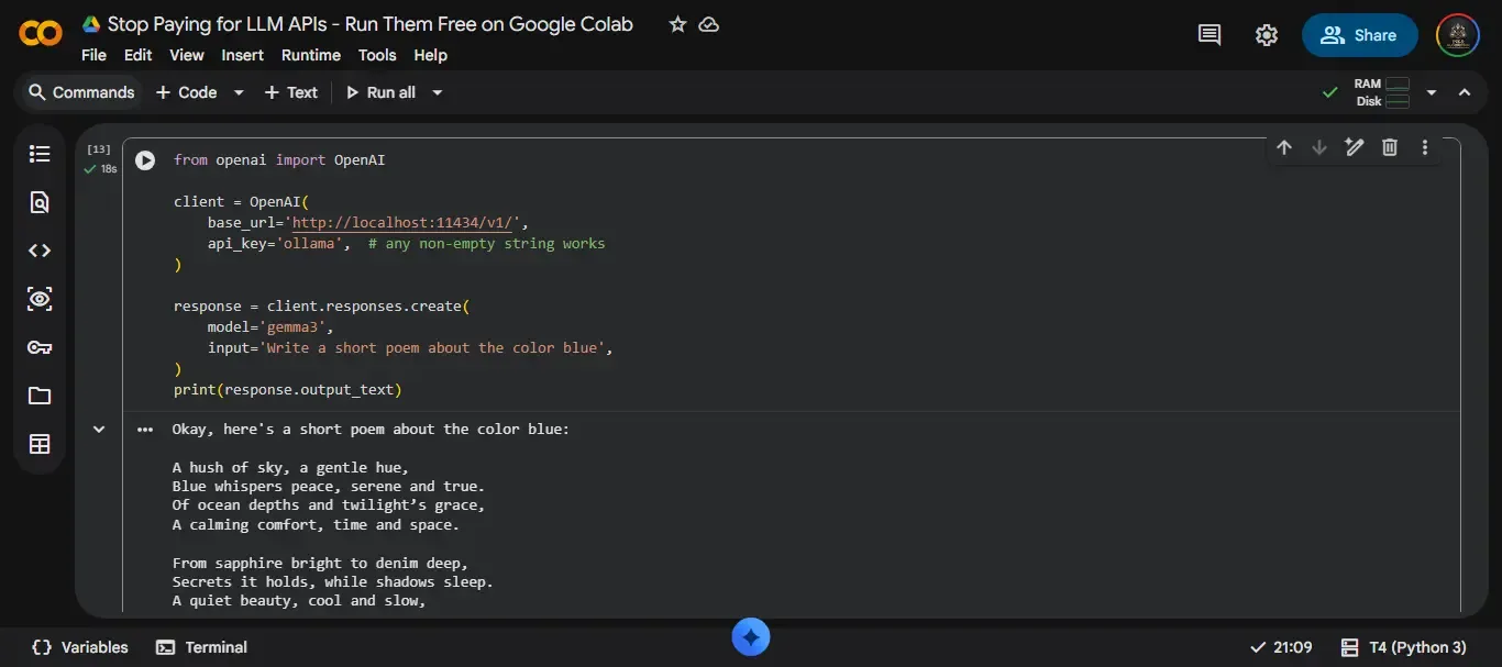Colab cell showing OpenAI SDK client.responses.create() call with local Ollama response printed