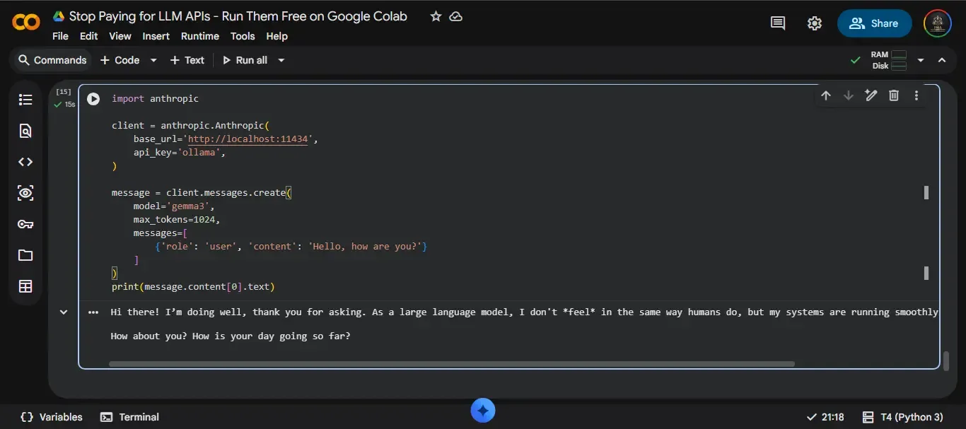 Colab cell showing Anthropic SDK client.messages.create() call and gemma3 response via the Messages API endpoint