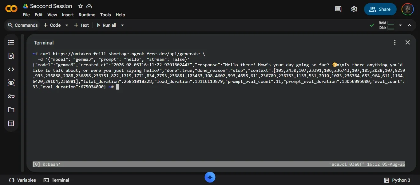 Terminal output showing Ollama model response using Ngrok tunnel url