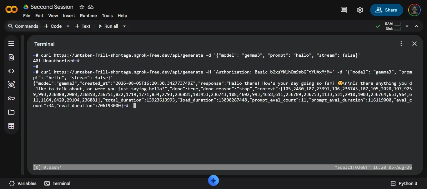 Terminal output showing Ollama model response using Ngrok tunnel url