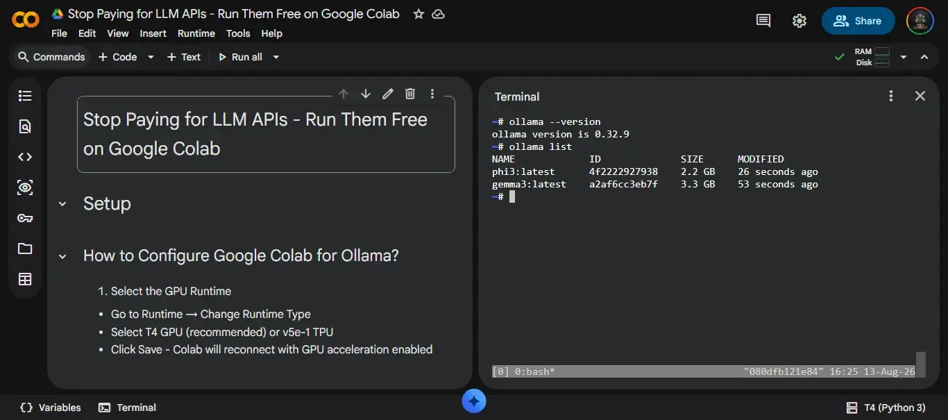 ollama list and ollama --version output in a Colab cell confirming v0.14.0+ and model available