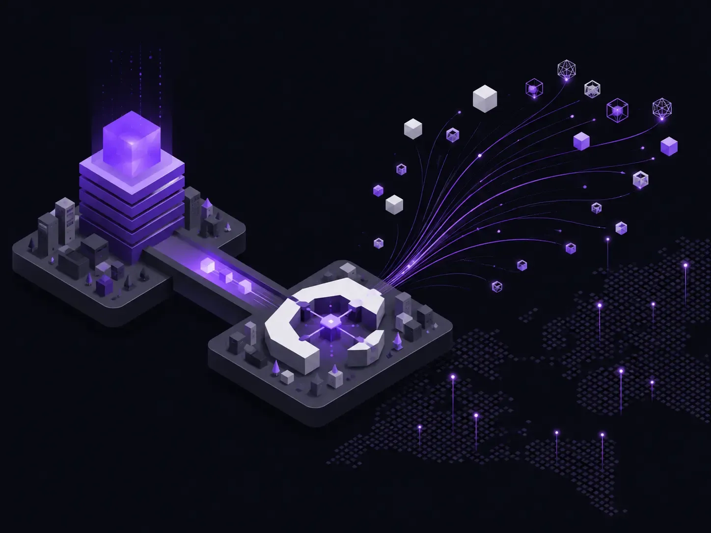 Isometric AI infrastructure showing data flows into a large computing campus, representing Stripe’s reported acquisition of OpenRouter and expanding AI model infrastructure.