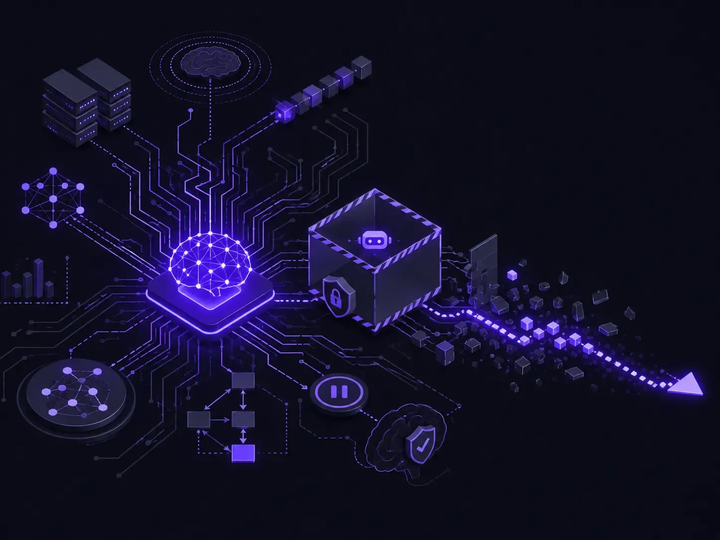 model development Circuit pathways and a secured AI system represent OpenAI slowing frontier model training after a cybersecurity incident and strengthening AI safety controls