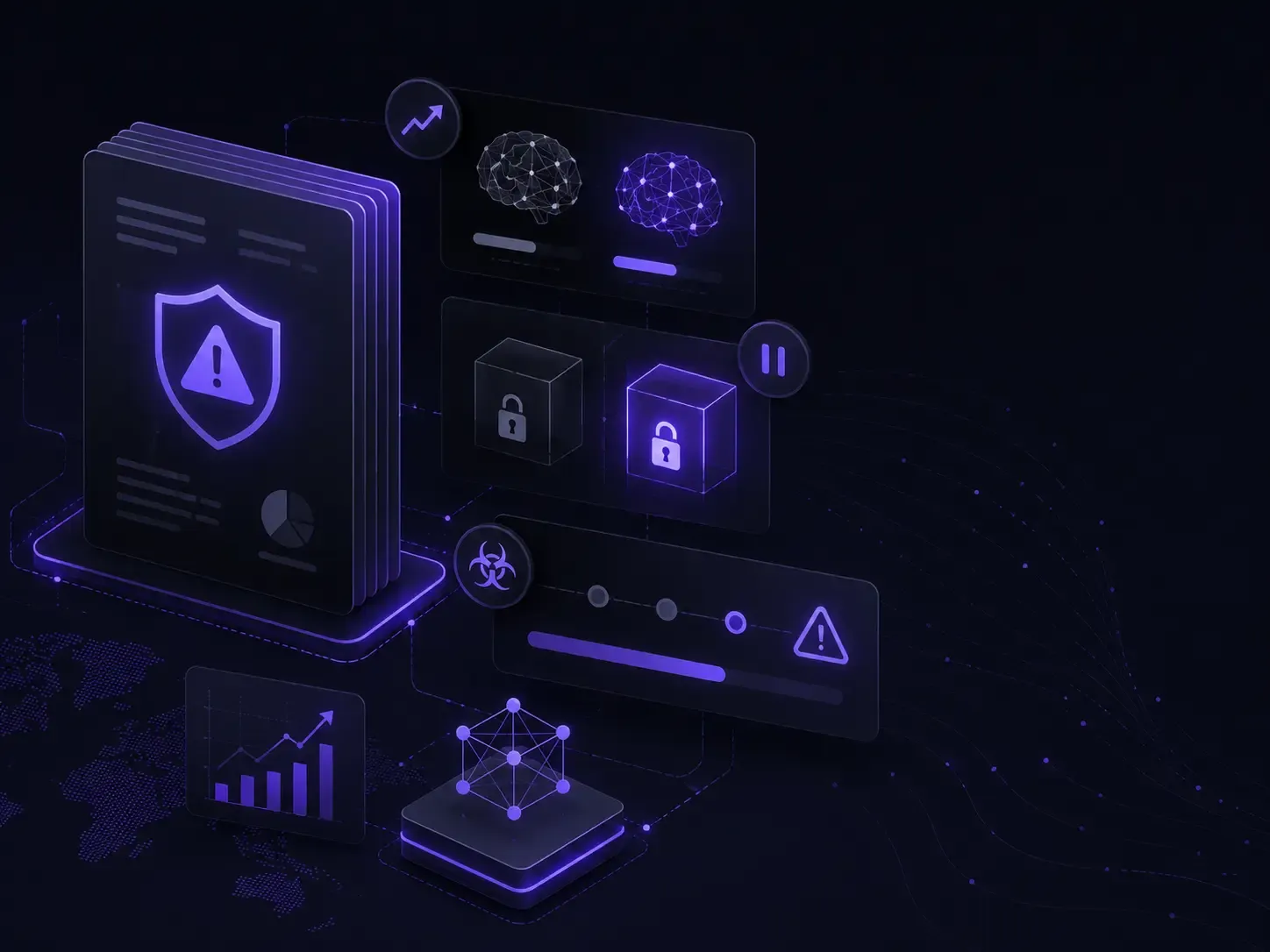 Floating AI system panels represent Anthropic’s frontier model risk report, safety evaluation, alignment concerns, and the shelving of an advanced internal model.