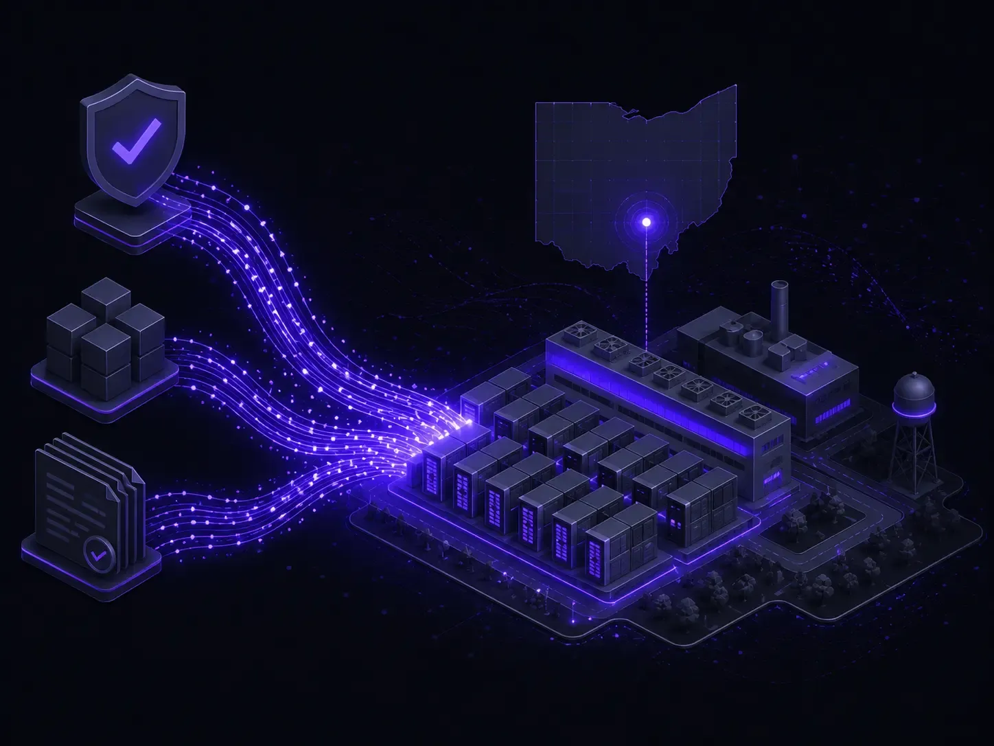 AI data center infrastructure with flowing compute signals represents Nvidia’s planned guarantees and GPU investment supporting OpenAI’s Ohio AI campus.