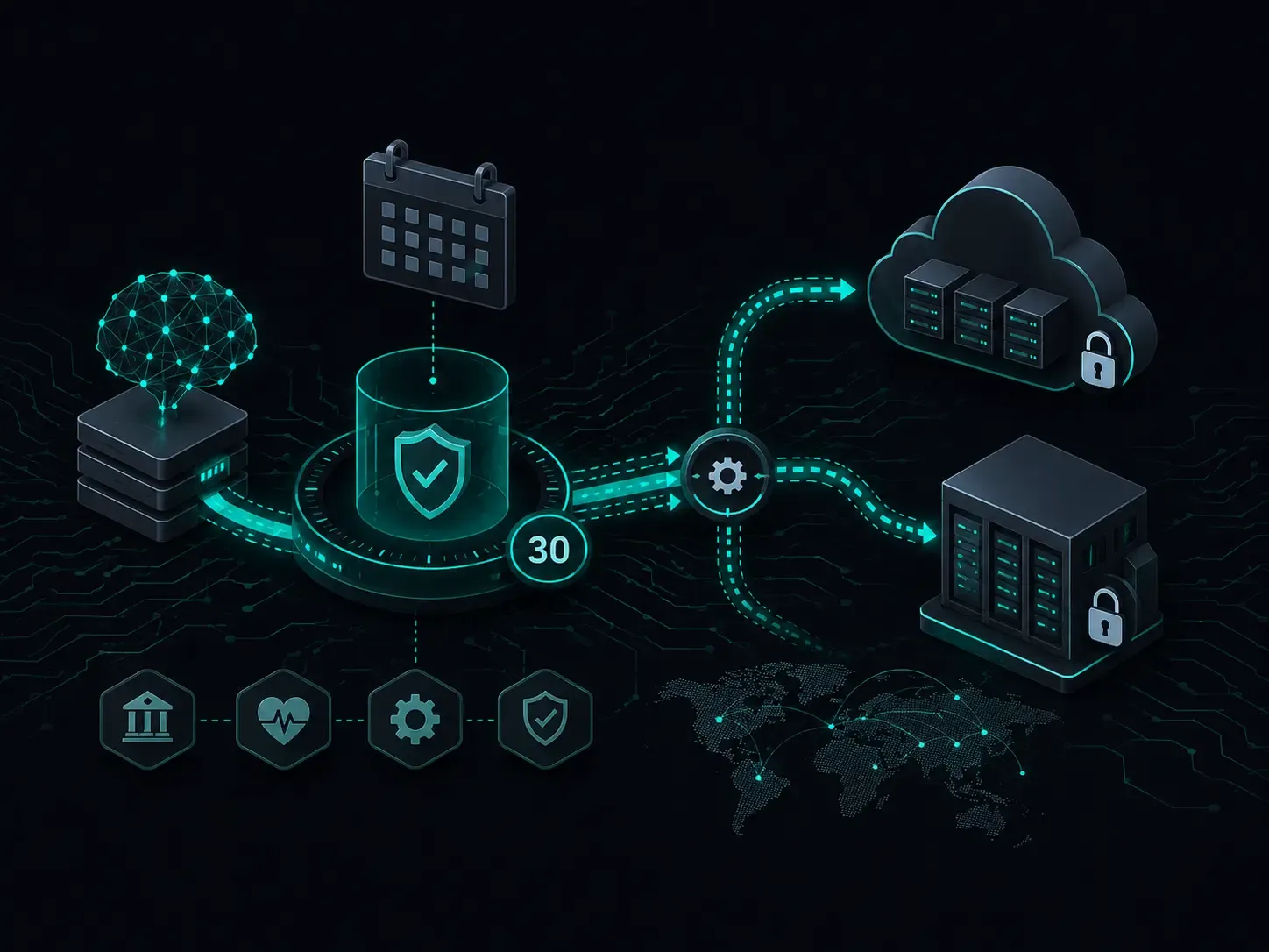 Secure AI data pathways connecting cloud and private infrastructure represent Anthropic’s updated enterprise data retention and data sovereignty options for frontier models.