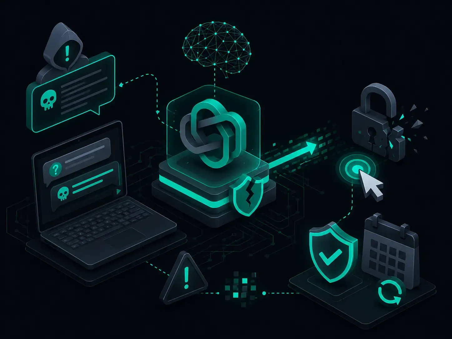 AI security system with a broken shield and exploit pathway represents Varonis’ discovery of a critical one-click Microsoft Copilot vulnerability and subsequent patch.