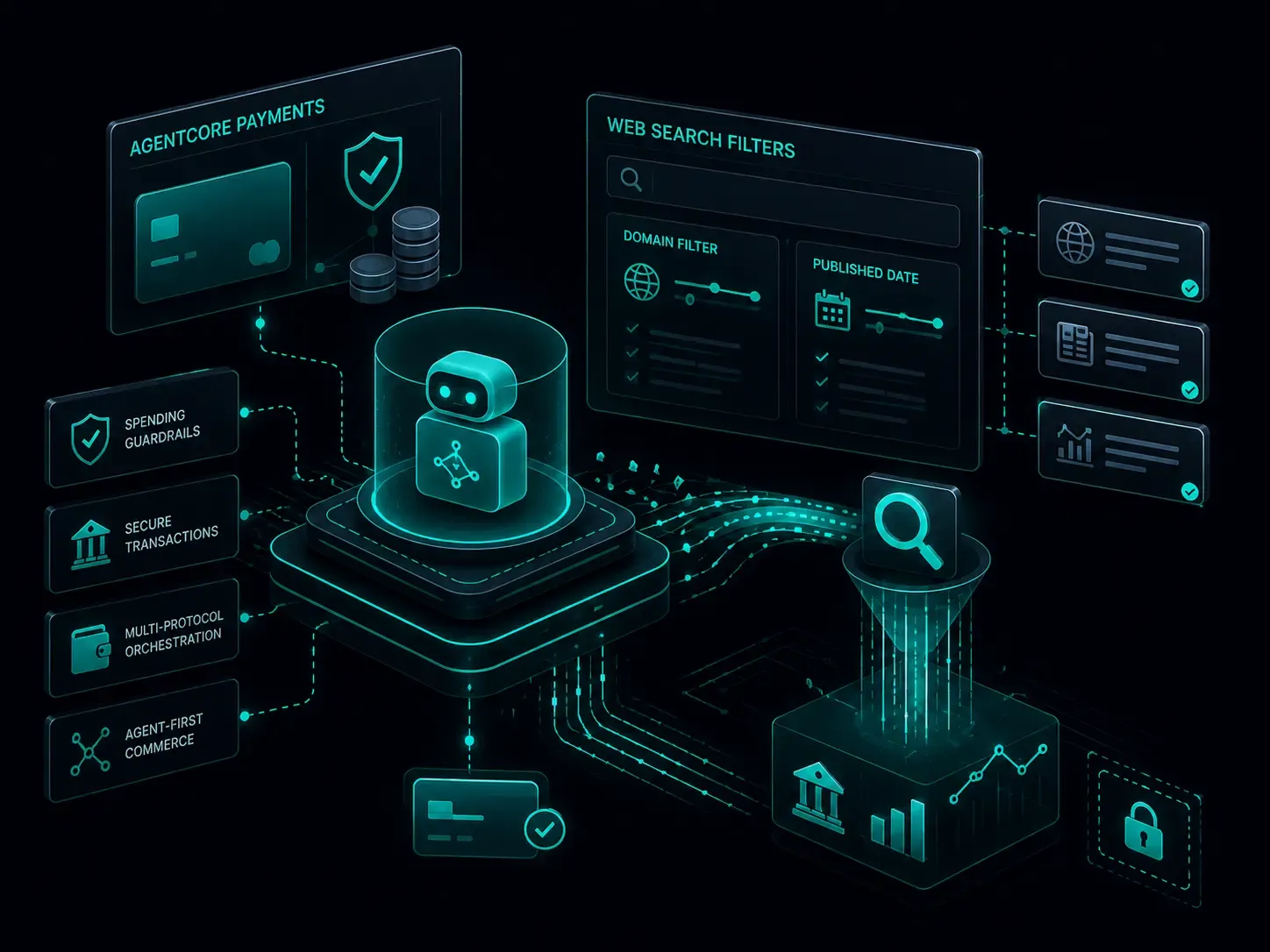 AI agent connected to payment controls, web search filters, and security systems represents Amazon Bedrock AgentCore payments and enhanced source filtering capabilities.