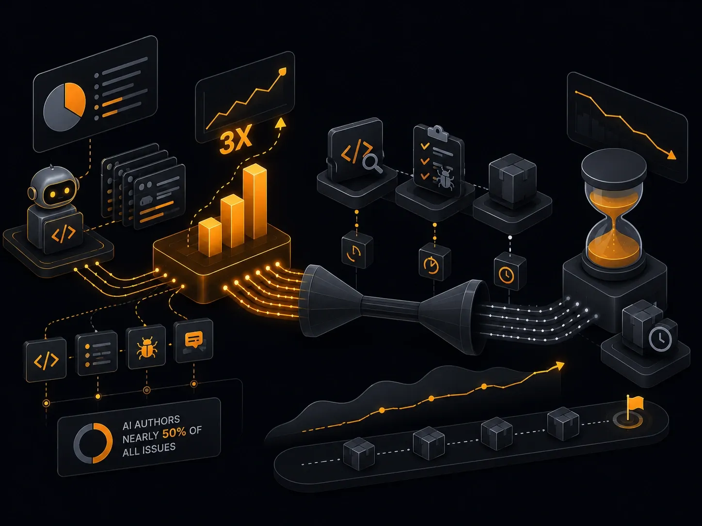 AI coding workflow showing increased pull requests flowing into review and QA bottlenecks represents Linear’s findings on coding agents, productivity, and development time.