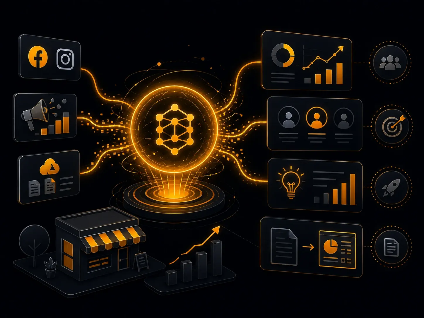 AI analytics hub connected to advertising, audience insights, and business growth represents Meta’s AI marketing analyst features for small businesses.
