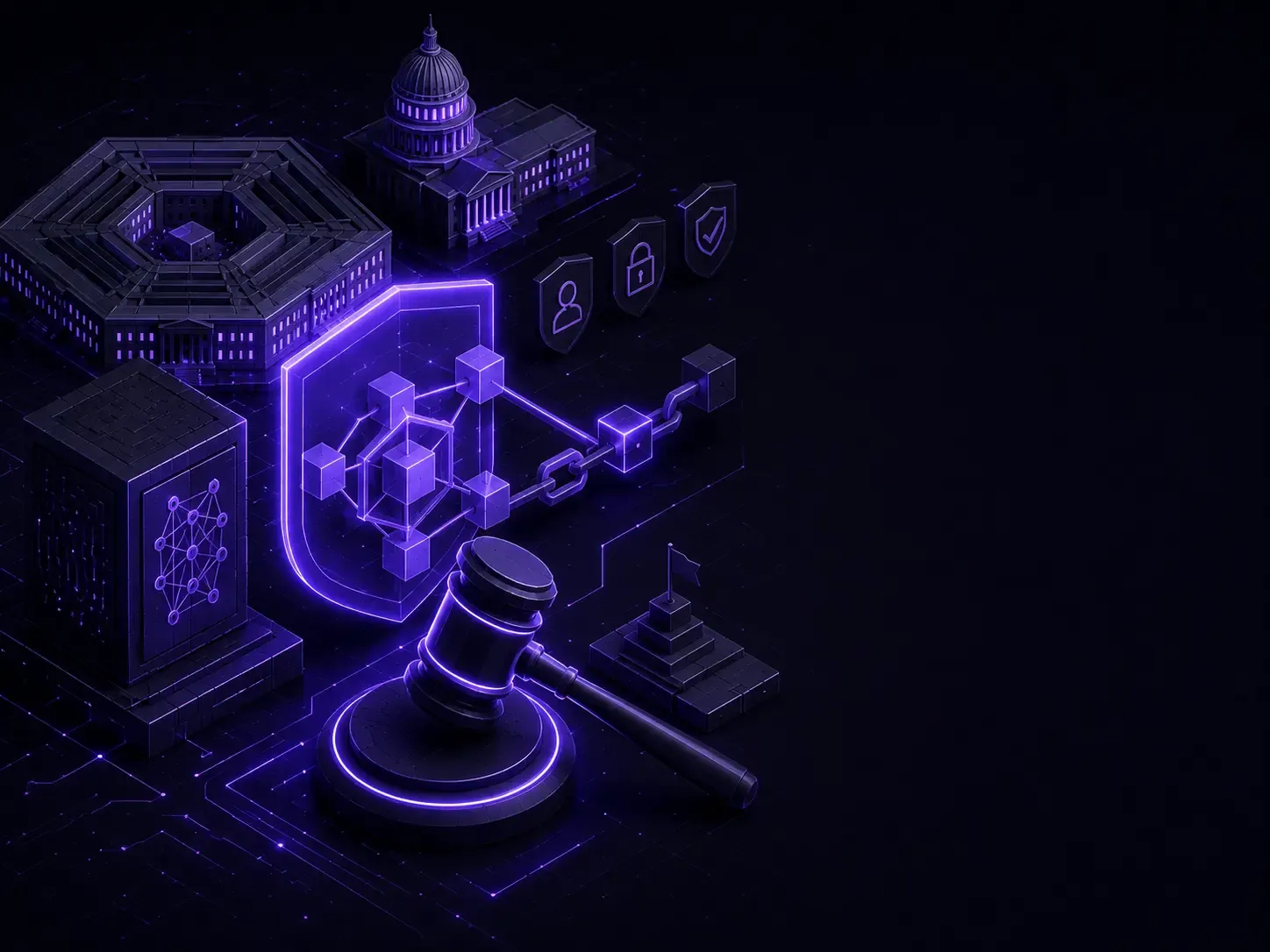 Neon-purple AI governance illustration showing a secure AI system, government oversight, cybersecurity, and legal protection representing the Pentagon-Anthropic supply-chain risk ruling.
