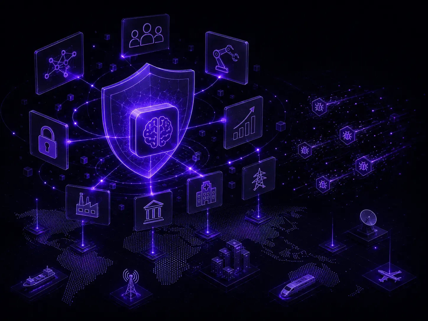 Neon-purple cybersecurity illustration representing AI-enabled cyberattacks, autonomous AI agents, critical infrastructure, threat intelligence, and collective AI defense.