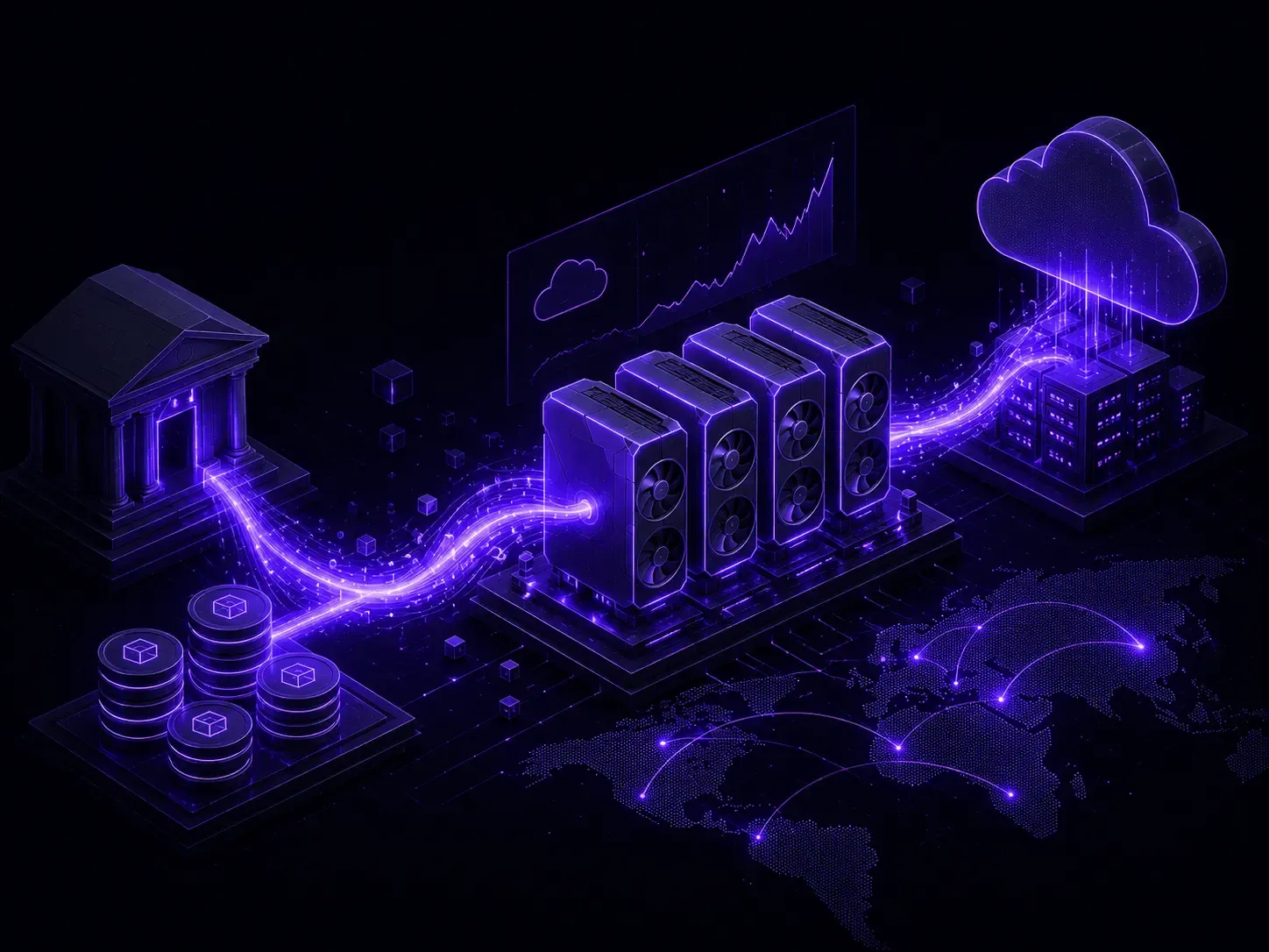 Neon-purple AI infrastructure illustration showing GPU computing, cloud infrastructure, private debt financing, enterprise demand, and large-scale AI investment.