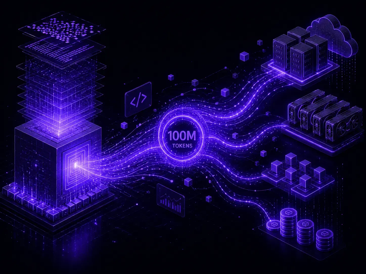 Neon-purple data-flow illustration representing Magic AI’s LTM-2-Mini, 100-million-token context, AI coding, long-context models, and startup funding.