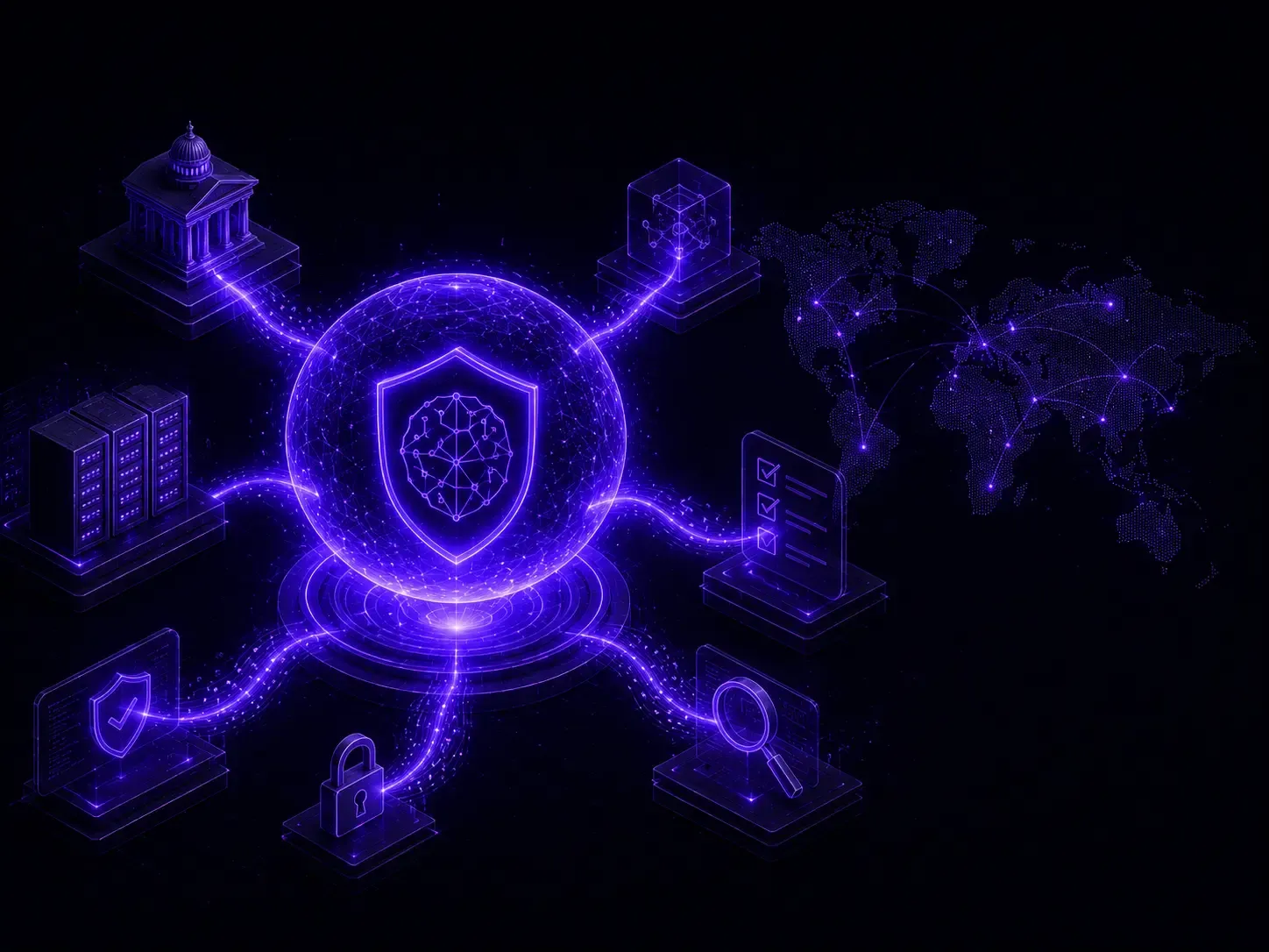 Neon-purple AI safety illustration showing frontier model testing, secure evaluation, red-teaming, regulatory oversight, compliance, and pre-deployment AI safety research.