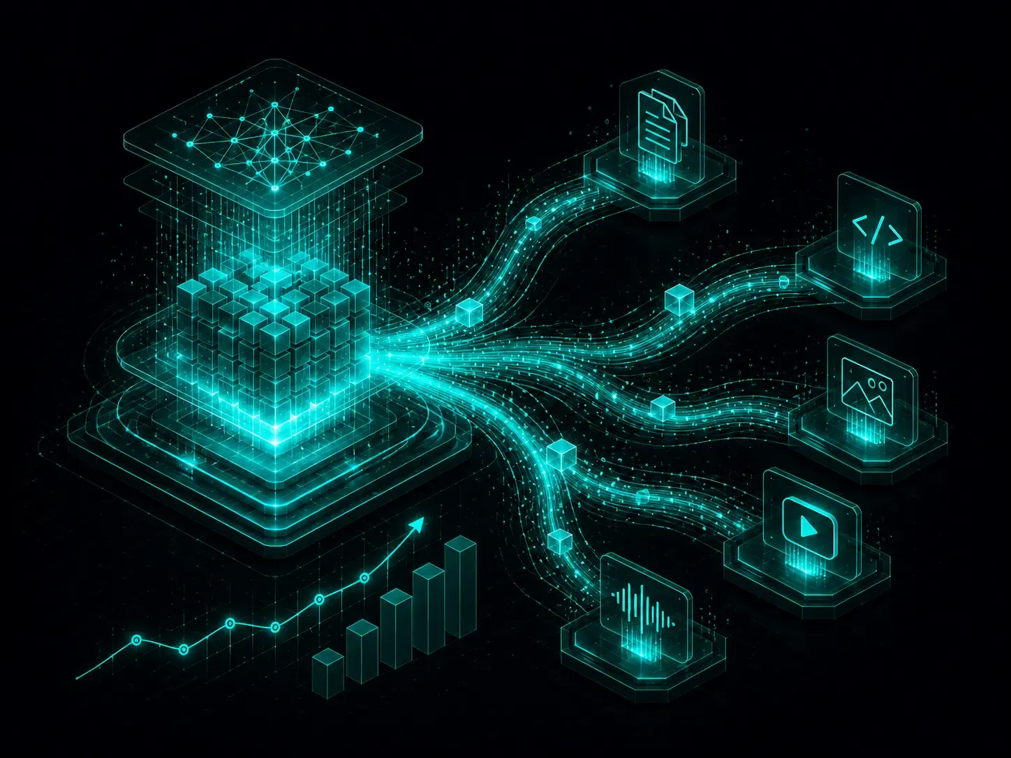 Neon-teal AI architecture illustration representing Alibaba Qwen3.8-Flash-Next, multimodal MoE, open weights, long-context AI, coding, and the Qwen4 roadmap.