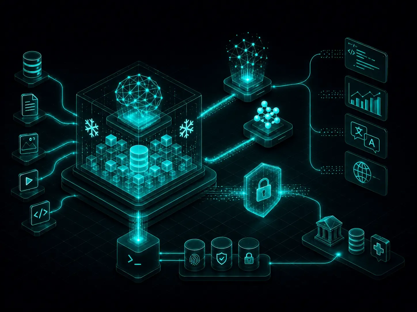Neon-teal enterprise AI illustration representing Snowflake Cortex, Mistral Large 2, multilingual embeddings, RAG, SQL, data governance, and secure enterprise AI.