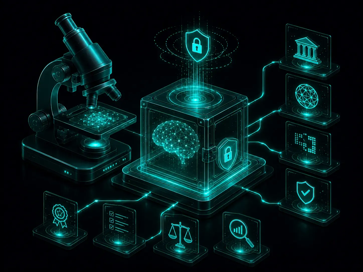 Neon-teal AI research illustration showing a secure neural model under microscope-style evaluation, encrypted testing, AI safety, independent benchmarking, and governance.