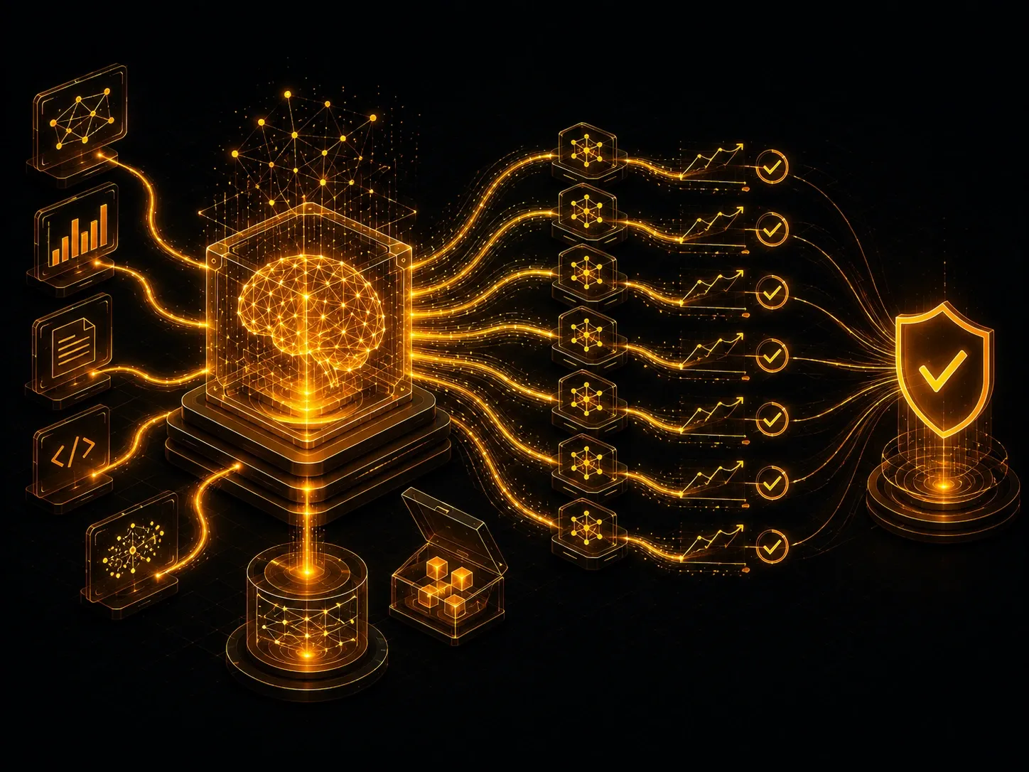 Neon-gold AI alignment illustration representing Anthropic’s automated alignment researchers, AI safety, self-improvement, automated research, model evaluation, and secure AI development.