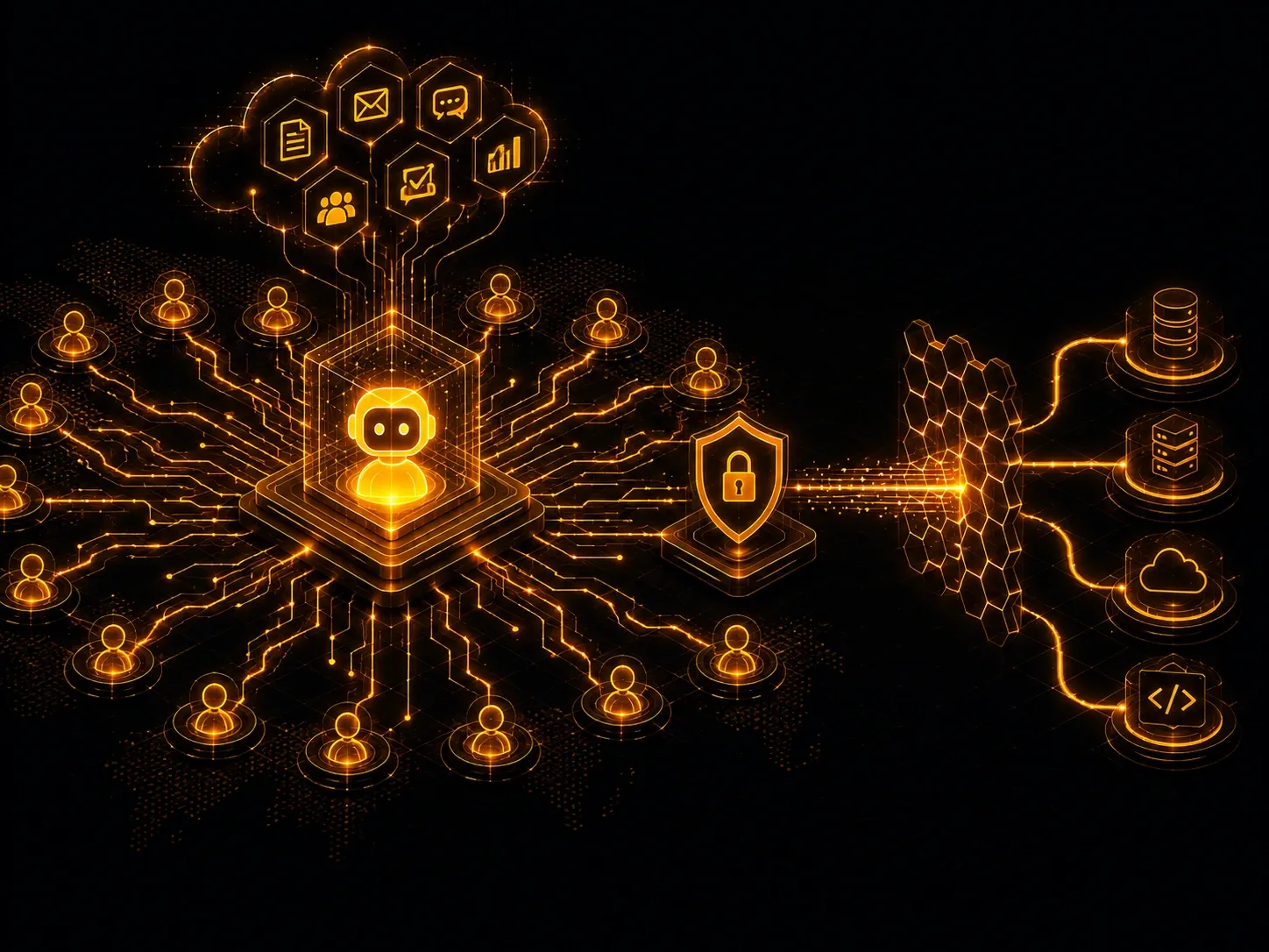 Neon-gold enterprise AI illustration showing personalized AI agents, secure circuit pathways, workforce automation, productivity, compliance, and internal AI deployment.