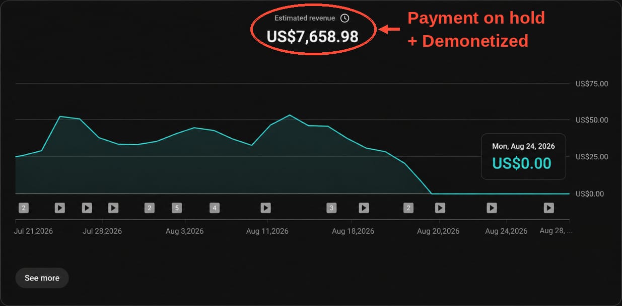 YouTube Studio estimated revenue chart showing US$7,658.98 circled in red, annotated: Payment on hold plus Demonetized. Daily revenue drops to US$0.00.