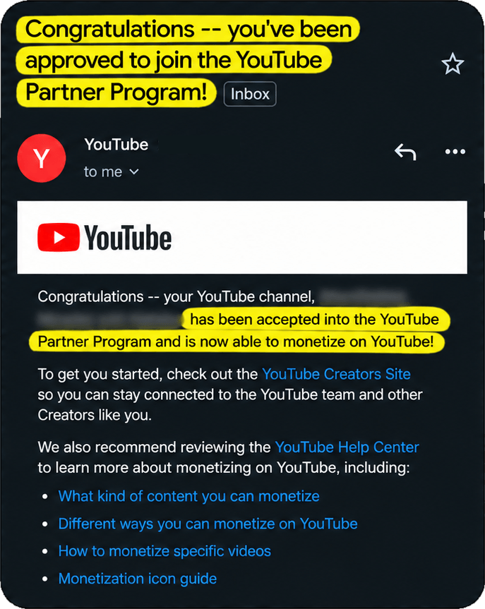 Email from YouTube: congratulations, you have been approved to join the YouTube Partner Program, dated April 2022.