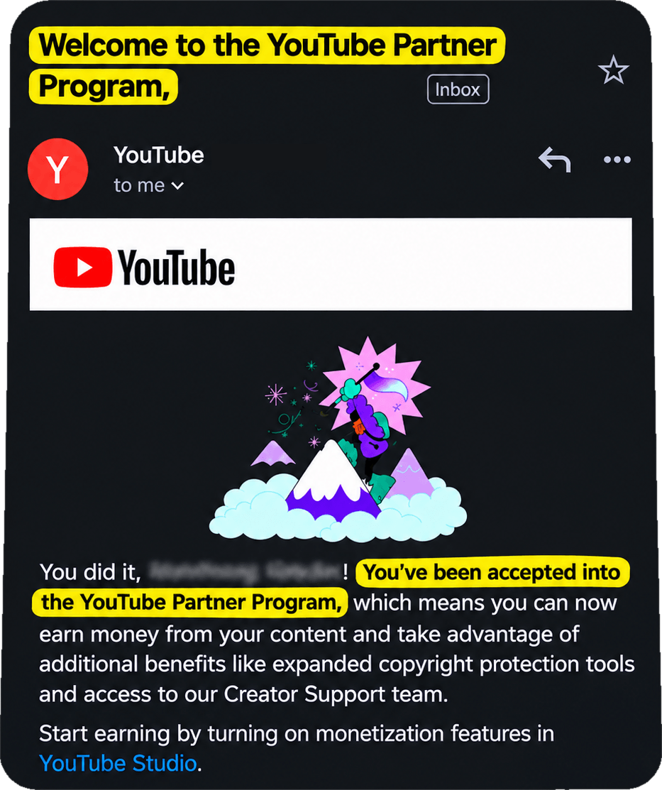 Email from YouTube: welcome to the YouTube Partner Program, dated November 2023.