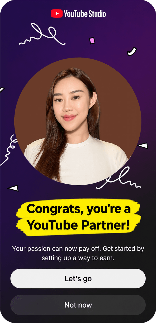 YouTube Studio screen reading: congrats, you are a YouTube Partner.