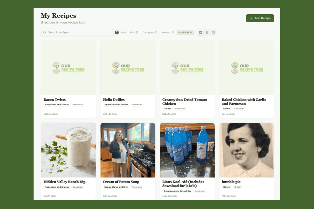 Our Recipe Tree My Recipes collection screen