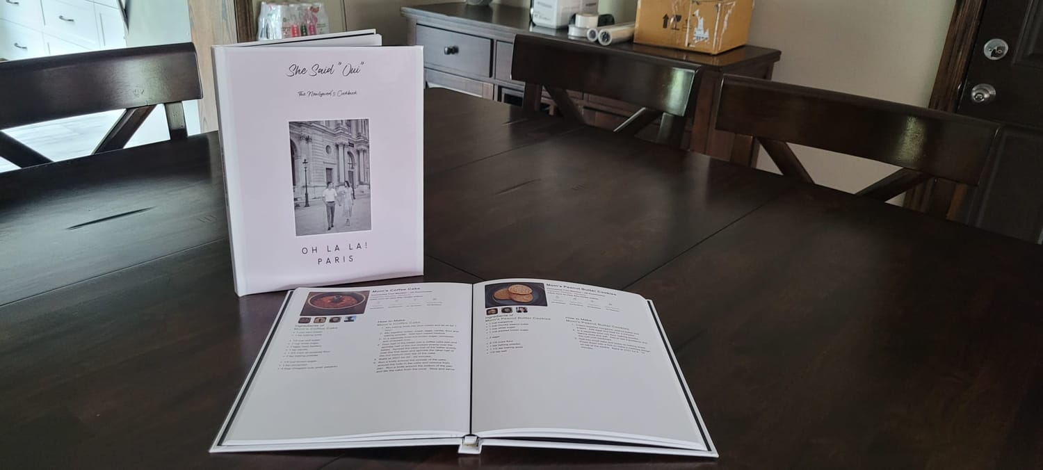 Finished personalized recipe book with open recipe pages