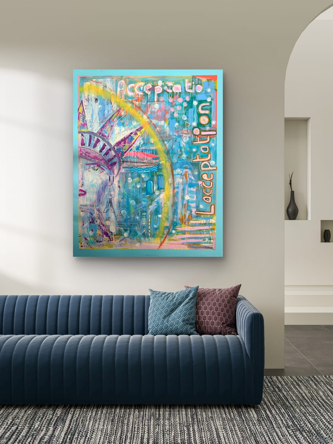 Acceptance above a blue sofa