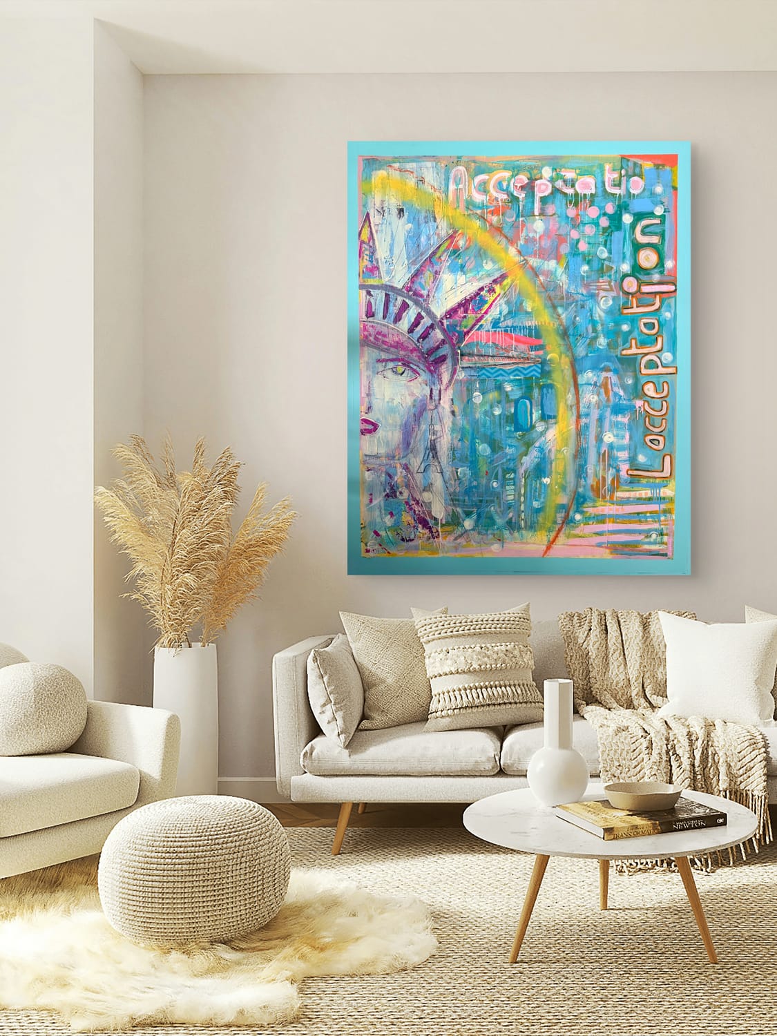 Acceptance, original mixed-media painting, in a cream living room